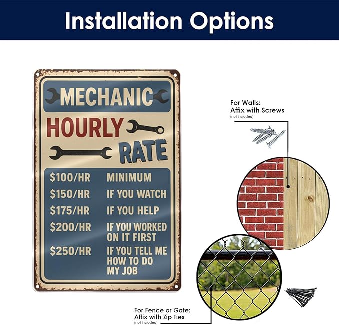 Funny Mechanic Hourly Rate Tin Sign - Vintage Metal Wall Decor for Garage, Auto Shop, or Man Cave - Hilarious Gift for Mechanics & Car Lovers 8"x12"