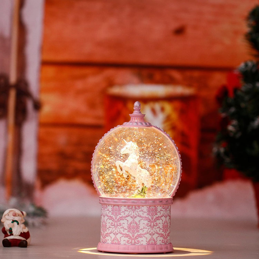 Unicorn Musical Snow Globe, 7.1 Inch Lighted Christmas Snow Globes with Swirling Glitter, Battery Operated & USB Powered Music Box Valentines Day Gifts for Girls, Women