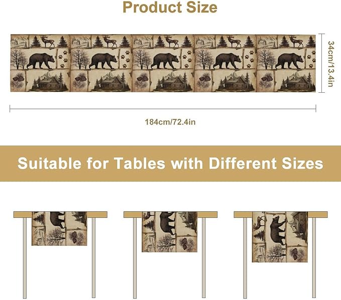 Rustic Cabin Table Runner, Retro Moose Cone Deer Bear Farmhouse Lodge Table Runner for Dinner Living Room Kitchen Vintage Country Cottage 13x108 Inch