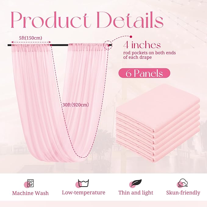6 Panels Pink Ceiling Drapes for Wedding, 5ftx30ft Ceiling Drapes Cheesecloth Sheer Fabric Curtain Wedding Arch Draping Fabric Romantic Ceilings Decorations for Weddings Party Ceremony Stage