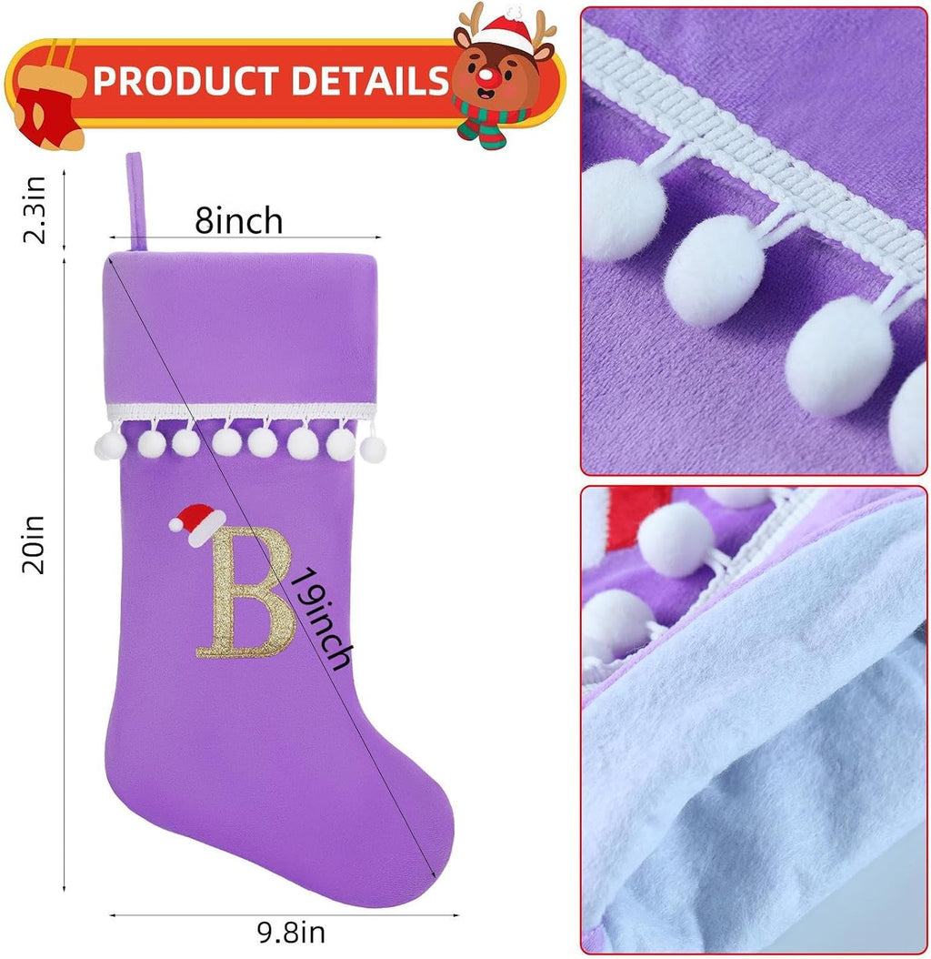 Personalized Christmas Stocking - 19 Inch Purple Velvet Stockings, Embroidery Initial with White Pom Pom Trim, Holiday Fireplace Mantel & Xmas Party Decor, Letter A