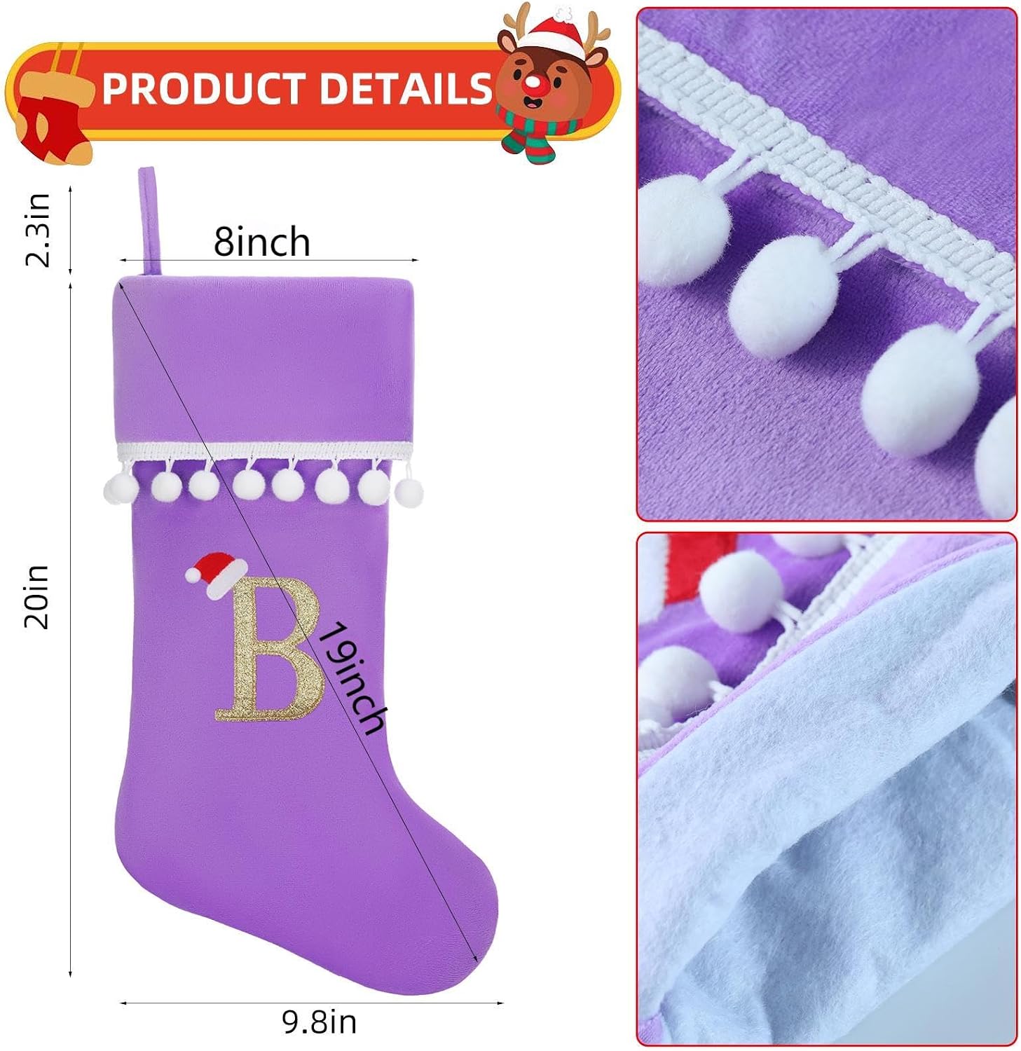 Personalized Christmas Stocking - 19 Inch Purple Velvet Stockings, Embroidery Initial with White Pom Pom Trim, Holiday Fireplace Mantel & Xmas Party Decor, Letter A