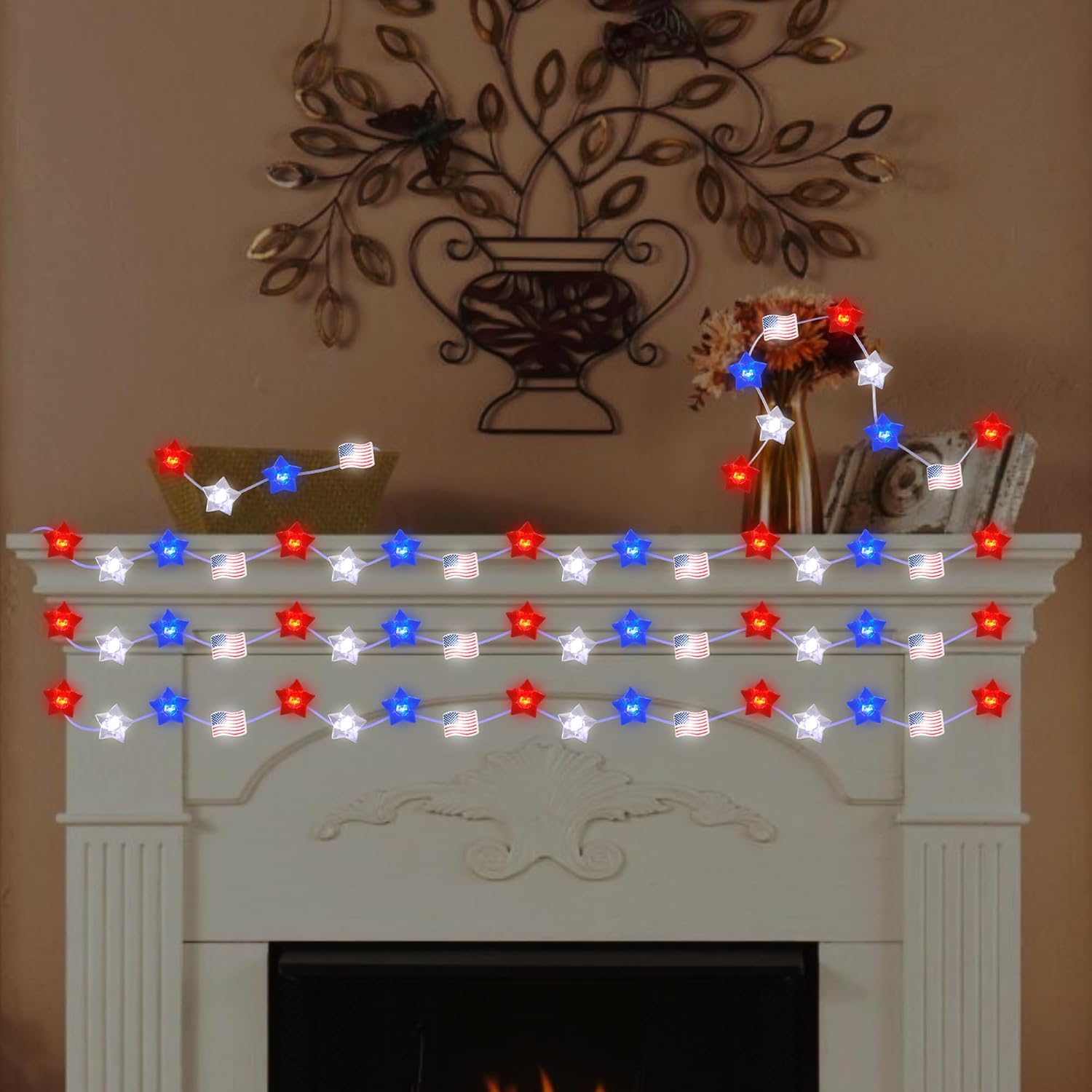 15FT 40 LEDs 4th of July Decorations String Lights Battery Operated, Red White and Blue Star American Flag Fourth of July Lights for Independence Day Memorial Day Patriotic Home Table Party Decor