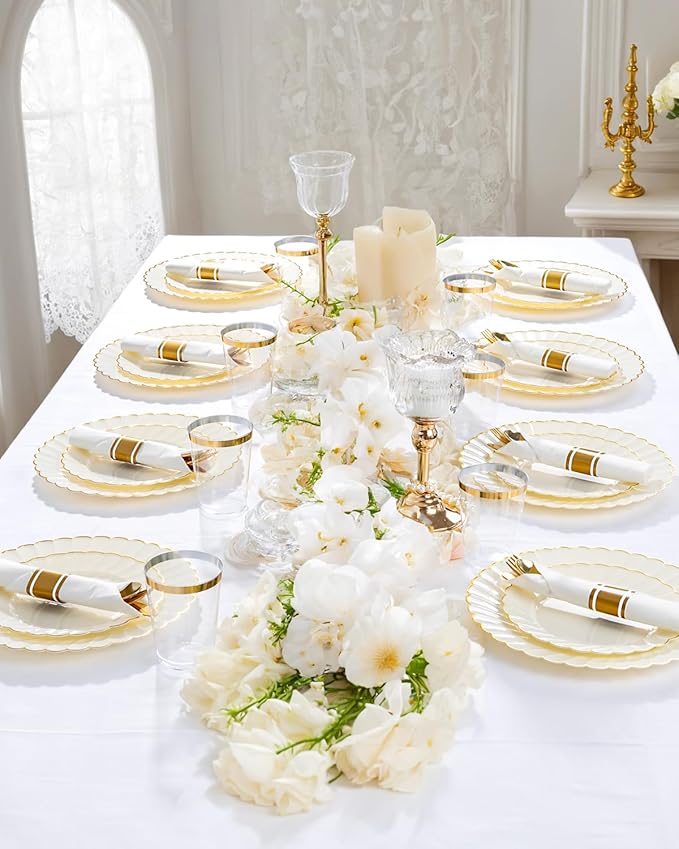 YOUBET 350PCS Ivory Scalloped Plastic Plates - Ivory and Gold Disposable Dinnerware Set Include 100 Plates, 150 Gold Silverware, 50 Cups, 50 Napkins for Wedding & Party & Thanksgiving