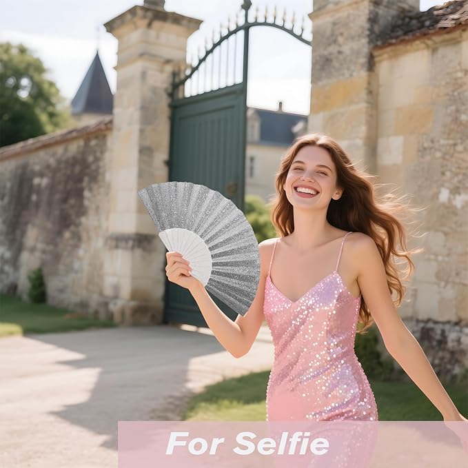 24 Pack Handheld Fan,Folding Hand Glitter fan with Shining Transparent Fan Rib – Ideal for Wedding, Church, Festival, Dance, Tea Party, Club, and EDM Accessories, Silvery