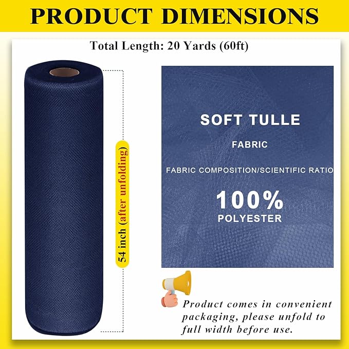 54" x 20 Yards Navy Blue Tulle Fabric Rolls - Tutu Spool Bolt for DIY Wedding Decoration, Baby Shower Tutu Skirt, Gift Wrapping - Large Matte Tulle, Roll Packaging