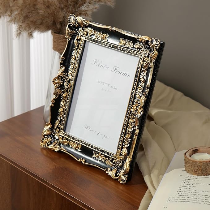 Cuspin Vintage Black and Gold Picture Frame 5x7, Ornate Baroque Resin Handcrafted Picture Frames with Glass Front, Antique Textured Design Decorative Frame for Tabletop & Wall Display