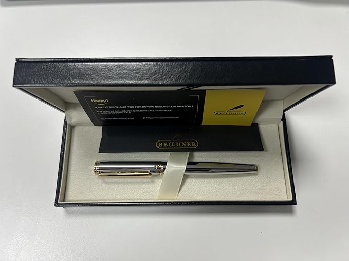 BEILUNER Silver Chrome Fountain Pen,Stunning Luxury with 24K Gold Accents, Gorgeous 24K Gilded Nib(Medium), Fancy Pen Gift for Men&Women -Ink Converter-Elegant, Office,Nice Pen for Writing