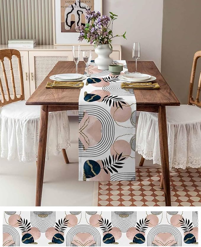 Modern Boho Cotton Linen Table Runner for Dining Kitchen, Wedding Outdoor Party Tablerunners Decoration, Abstract Bohemian Tropical Palm Leaf Dresser Scarf Coffee Tablecloth Runners 13x90 Inches
