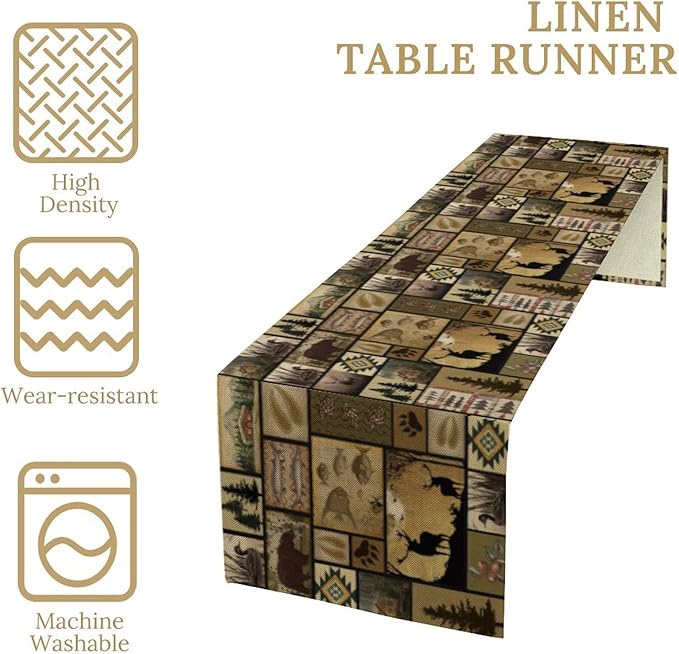 Vintage Deer Bear Table Runner, Fish Retro Farmhouse Cabin Lake Country Lodge Table Runner for Home Dinner Kitchen Living Room, 13x108 Inch
