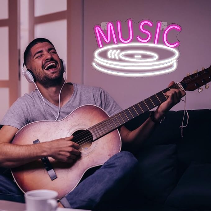 Music Record Neon Sign Pink White Led Neon Light Signs for Wall Decor Usb Light Up Signs for Bedroom Studio Music Live Record Store Kids Room Party Decoration