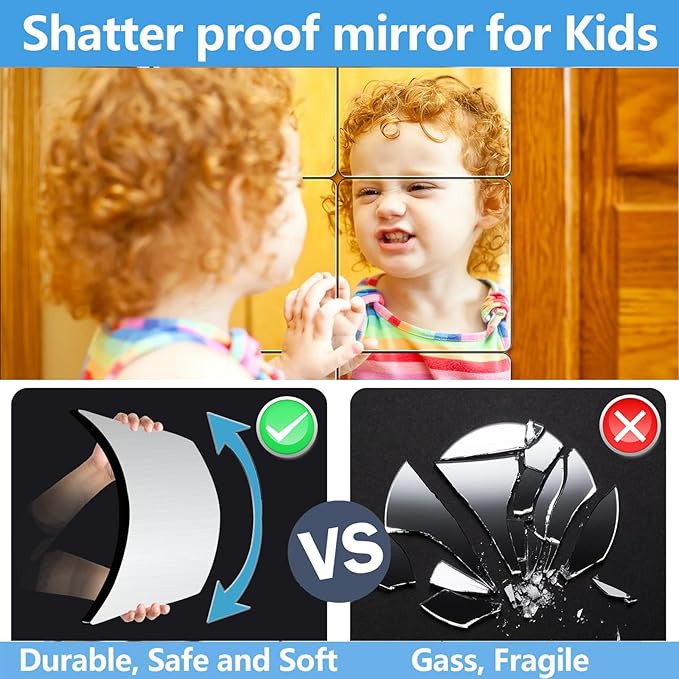 Unbreakable Acylic Small Mirror Tiles for Kids, (4-Pcs 14x14 Inch) Plastic Mirrors for Wall, Stick on Mirrors for Wall Decor, Shatterproof Mirror for Kids Bedroom