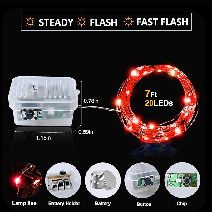 Aogist Led Fairy Lights 3 Modes Battery Operated String Lights Waterproof Silver Wire 7 Feet Firefly Starry Moon Mason Jar Lights for DIY Wedding Party Christmas (Red, 20 Pack)