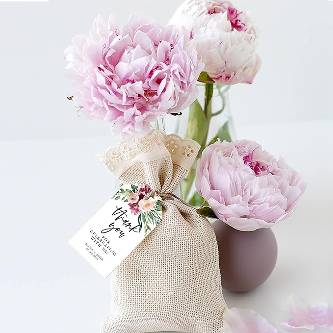 Andaz Press 100-Pack Personalized Thank You for Celebrating with Us Wedding Favor Tags with Bakers Twine Spring Watercolor Florals Custom Cardstock Wedding Gift Tags for Party Favors 2 x 3.75-Inches