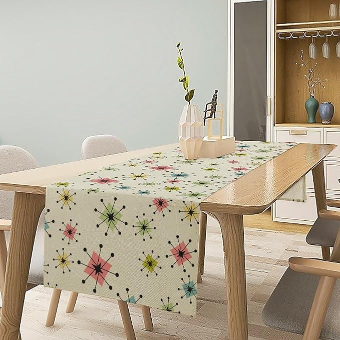 Mid Century Table Runner, Flag Retro Atomic Starburst 1950s Abstract Geometric Space Tabletop Decoration for Home Kitchen Restaurant Table Flag 13x36 Inch