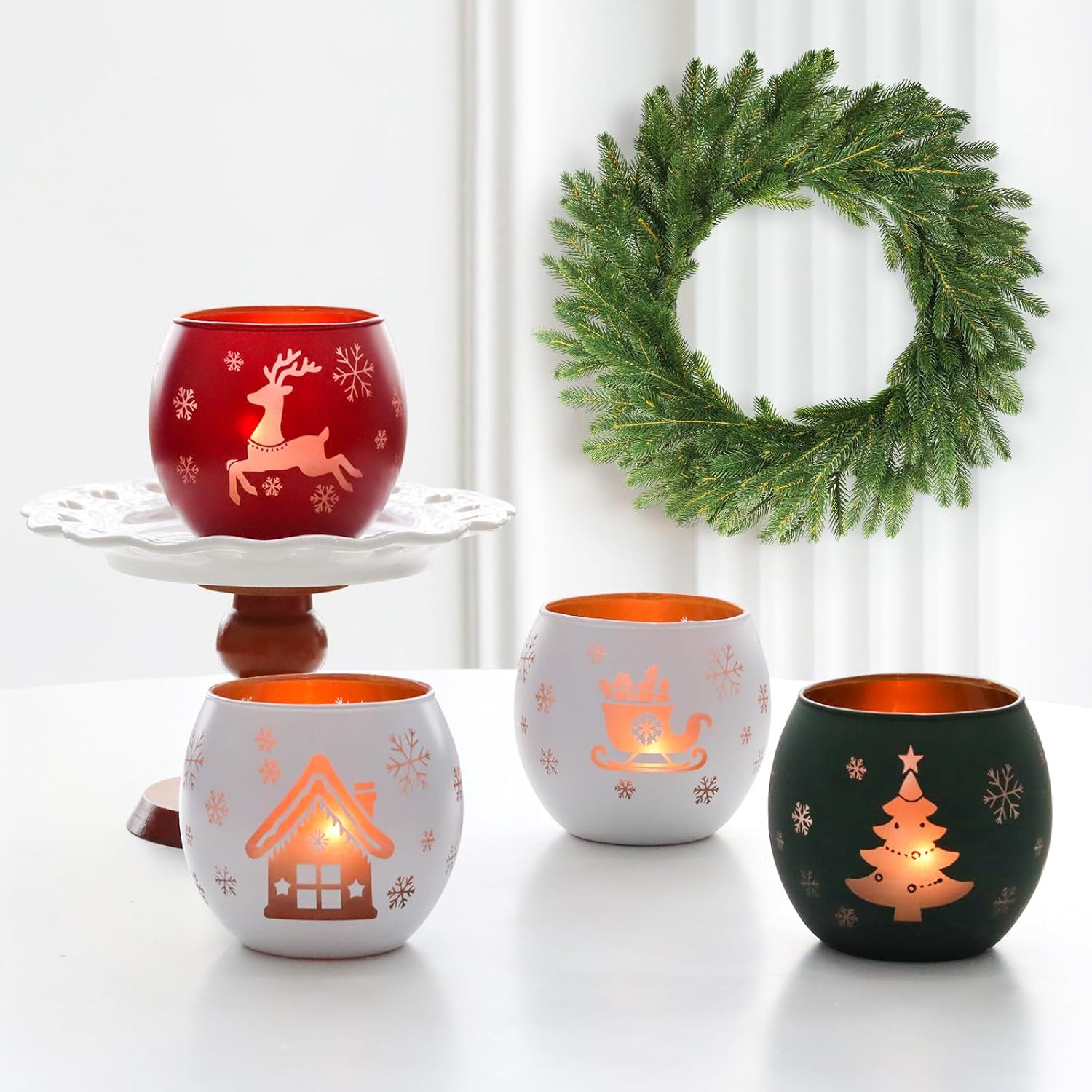 Christmas Candle Holders Set of 4, Frosted Glass Tealight Votive Holders with Snowflake, Reindeer, Christmas Tree Designs, Winter Holiday Table Centerpiece for Indoor Outdoor Decor (Red, Green, White)