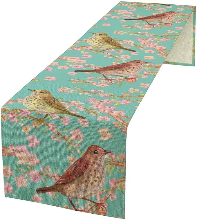 Table Runner with Flowers and Birds, Spring Plant Flowers Table Decoration Linen Table Runner Family Party Party Decorations 13x108 Inches