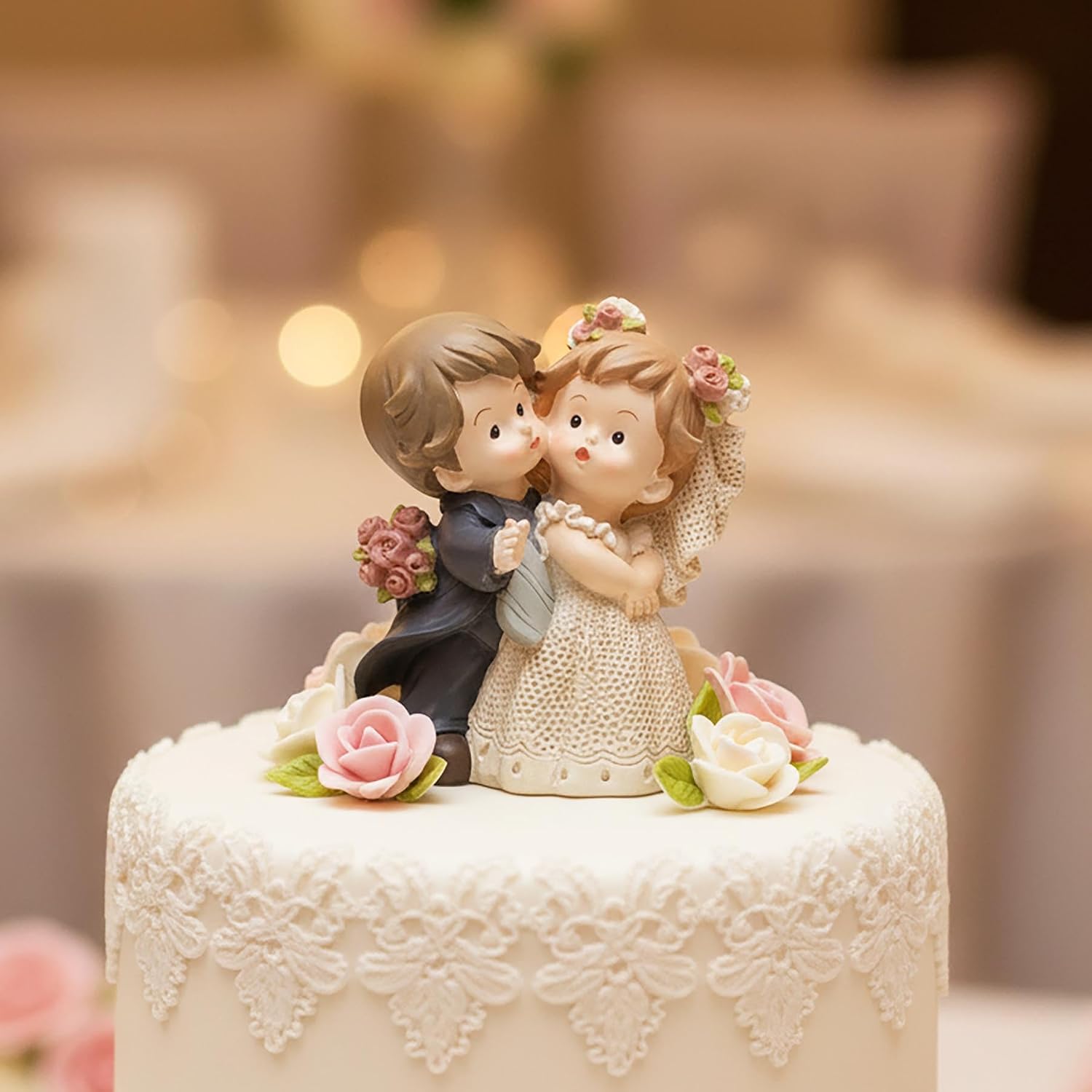 Bride and Groom Figurine, Romantic Wedding Couple Statue, 3.15 Inch | Hand-painted resin wedding cake topper with floral details for reception tables, keepsake displays and romantic gifts