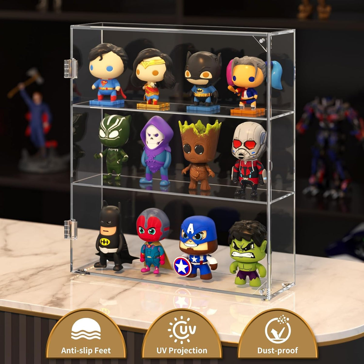 niubee acrylic display case for figures, dustproof clear showing dimensions