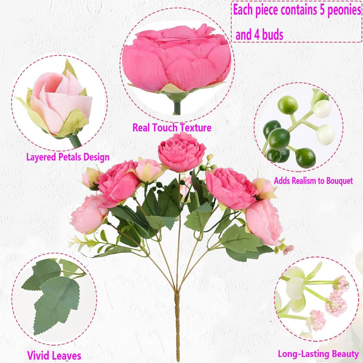 pink peonies artificial flowers 12 bouquets,pink flowers lifelike, side view
