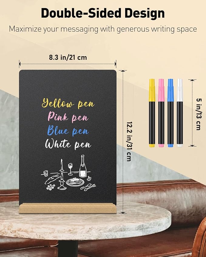 Uniclife A4 Tabletop Chalkboard Sign with Stand & Chalk Markers, 8.3 x 11.7 Inch, Double-Sided Wooden Chalk Board Sign for Tables, Large Reusable Message Board, Menu Board for Bar Restaurant Wedding