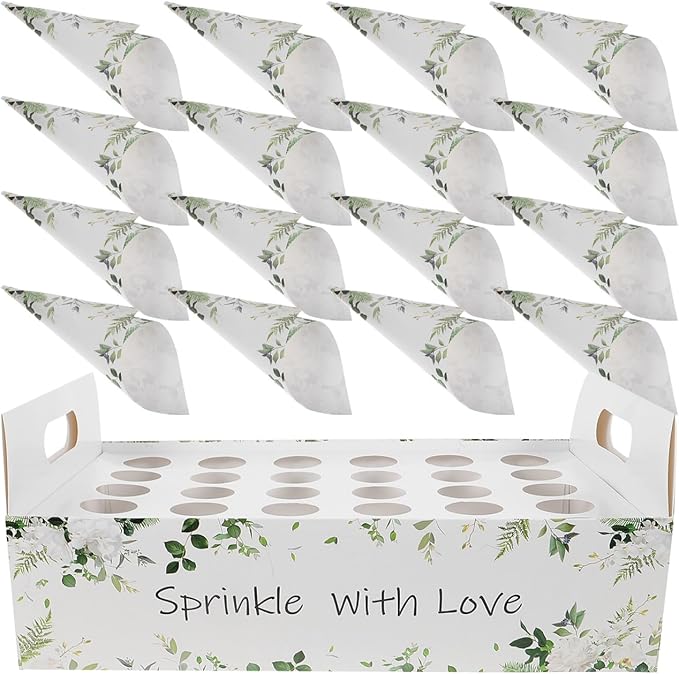 CIMAXIC Wedding Confetti Cone Holder Box - Flower, Paper, Petal Cones - White Paper Cup Candy Stand