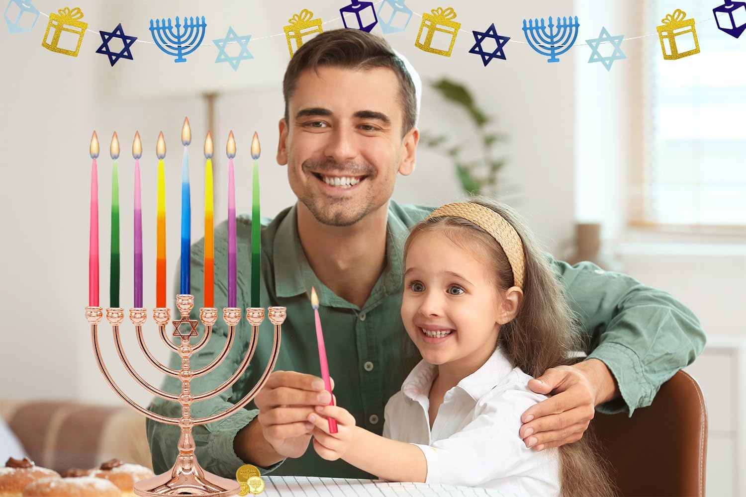 The Dreidel Company Dripless Deluxe Tapered Hanukkah Candles, Multicolored 3-Tone Pastel Decorations, 45 Menorah Candles for All 8 Nights of Chanukah 1-Hour Burn Time