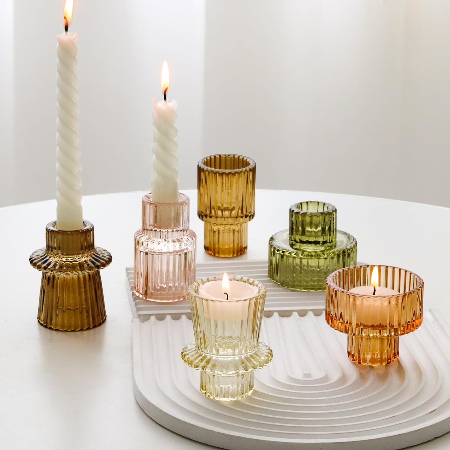 Brown Candlestick Holders 6PCS for Tealight Candle Stick Candles, Ribbed Glass Taper Candle Holders Set, Table Centerpieces for Thanksgiving Christmas Farmhouse Decor Indoor and Outdoor