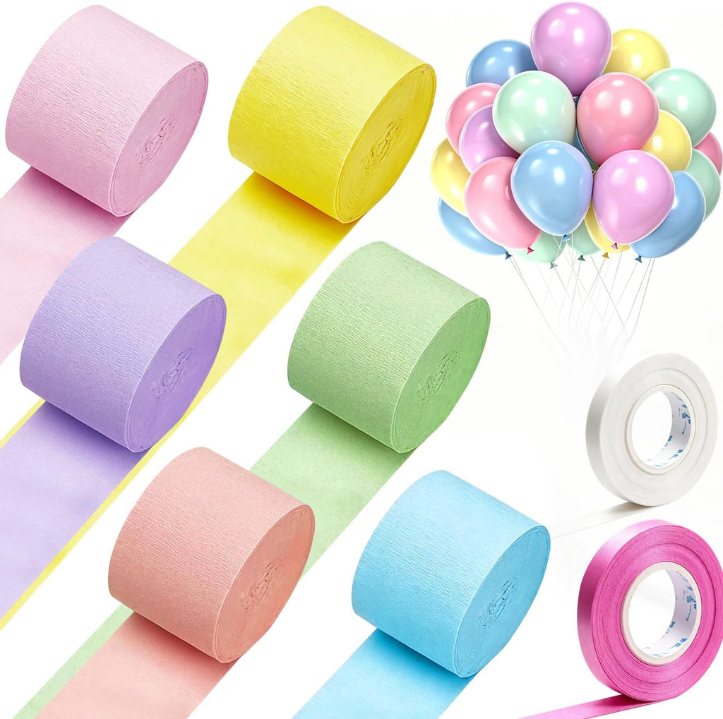 Pastel Streamers, 6 Rolls 492 Ft with Balloons, Pastel Crepe Paper Streamers for Birthday Decorations, Party Decorations, Holiday and Anniversary Decorations DIY (1.77 Inch X 82 Ft/Roll)