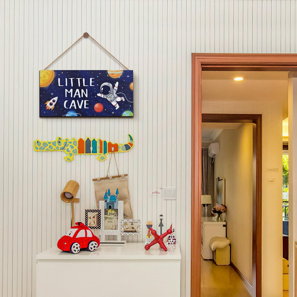 ZIEYOMI- Little Man Cave Sign Space Boys Room Decor, Astronaut Theme Bedroom Nursery Decor Hanging Wall Art, Wooden Plaque Outer Space Decorations for Toddler Boys Room Kids Playroom