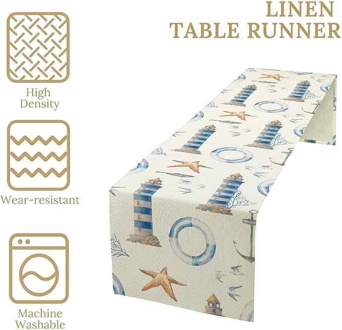 Blue Beach Table Runner, Tropical Ocean Coast Table Runner, Seashell Seasonal Nautical Restaurant Coffee Table Decorations for Home Holiday Party Indoor Outdoor 13x120 Inch