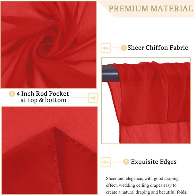 MODFUNS Red Ceiling Drapes for Weddings 5x30ft 6 Panels Chiffon Ceiling Curtain Sheer Fabric for Draping Tulle Arch Drapery Fabric Semi Sheer Backdrop Curtains for Ceremony Hall Ceiling Decor
