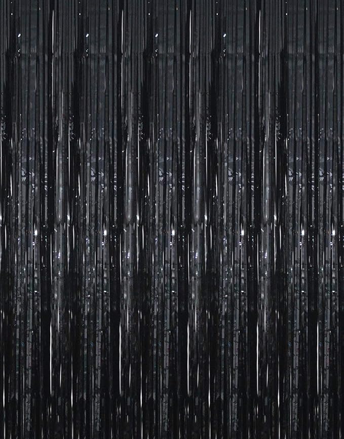 GOER 3.2 ft x 9.8 ft Metallic Tinsel Foil Fringe Curtains Party Photo Backdrop Party Streamers for Halloween,Birthday,Graduation,New Year Eve Decorations Wedding Decor (5 Packs,Black)