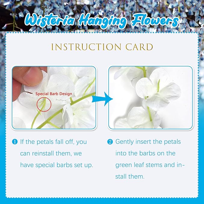 24 Pack Lake Blue Wisteria Hanging Flowers, 3.4 Ft Fake Hanging Flowers, Artificial Wisteria Garland Vines for Wedding Room Backdrop Outdoor Patio Garden Decoration