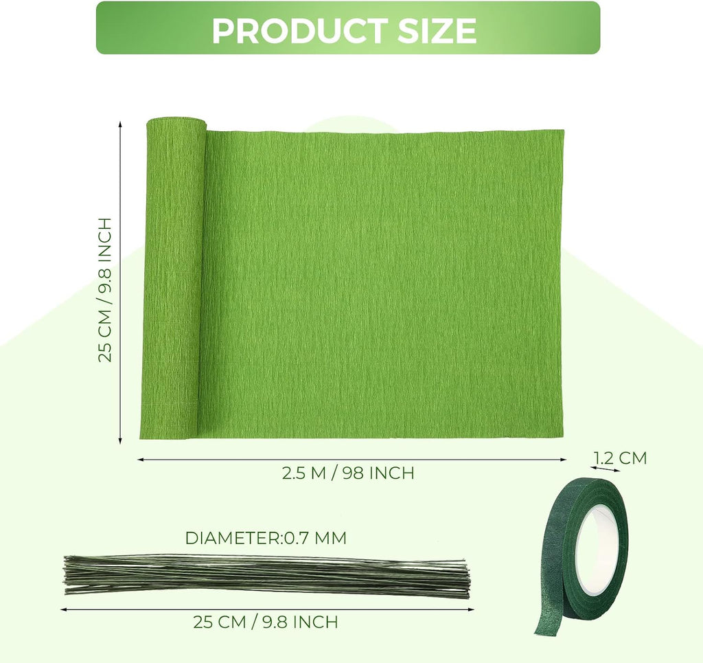 24 Rolls 15 Colors 8 ft Crepe Paper 10 Inch Crepe Paper Streamer with 50 Pcs Green Floral Iron Wire 1 Roll Green Floral Tape for Flower Making Supply Birthday Wedding Festival Ornament(Bright Colors)