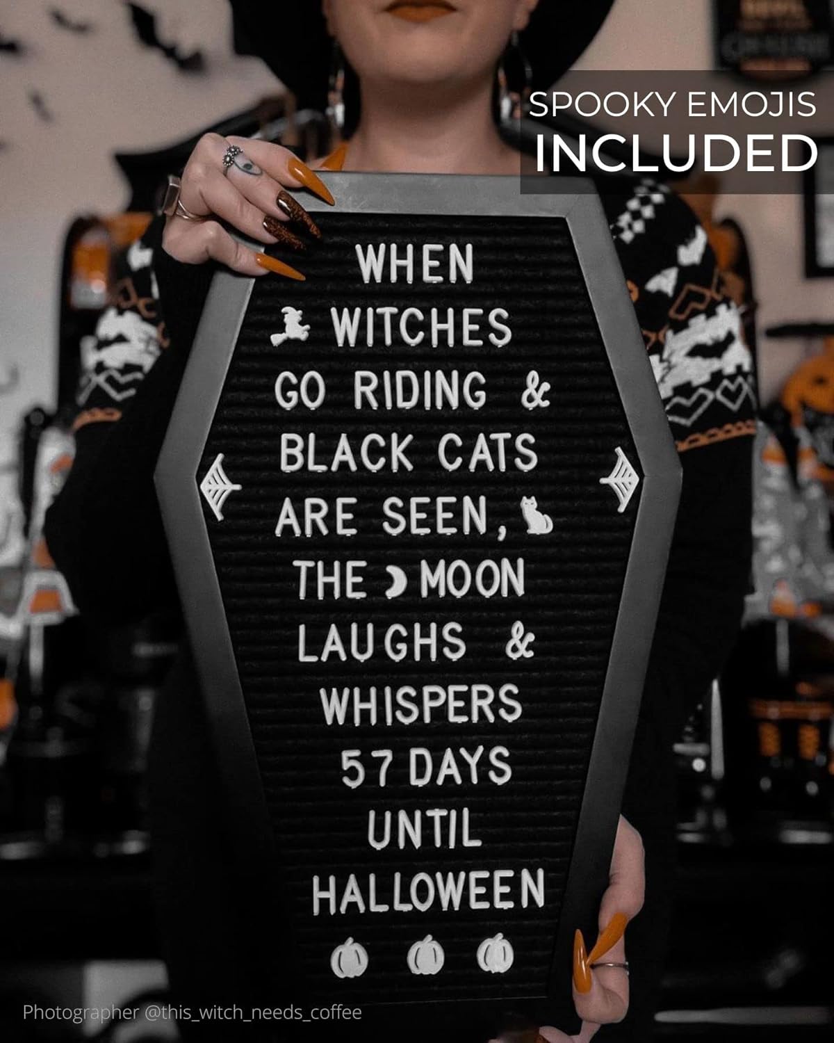 Nomnu Coffin Letter Board, Black Goth Decor with Bat Stickers Spooky Emojis