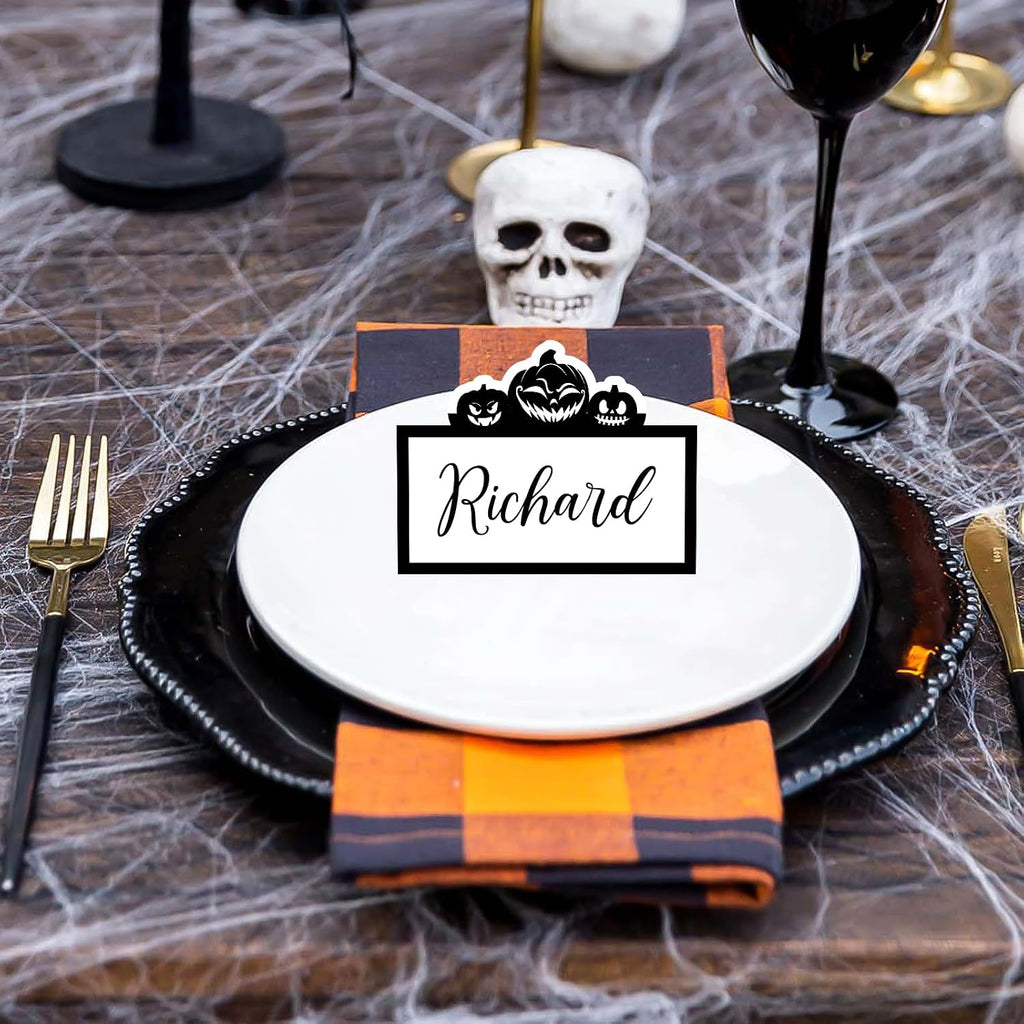 48 Pcs Halloween Place Cards Skeleton Gothic Spider Ghost Placecard Holders Greeting Cards Pumpkin Seating Name Tents for Wedding Dinner Halloween Party Table Birthday Supplies