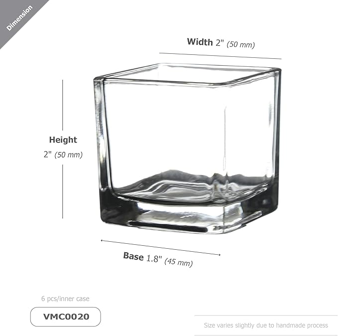 WGV 2 Inch Tea Light Votive Candle Holder, Clear, Square Cube 2”x2”, Small Tiny Bulk, Home Décor, Table Top, 6 Pcs