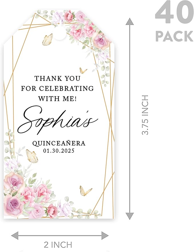 Andaz Press 40-Pack Personalized Quinceañera Favor Tags with String, Butterflies & Florals Custom Classic Thank You Gift Tags for Mis Quince Años XV 15th Birthday Favor Gifts, Decorations