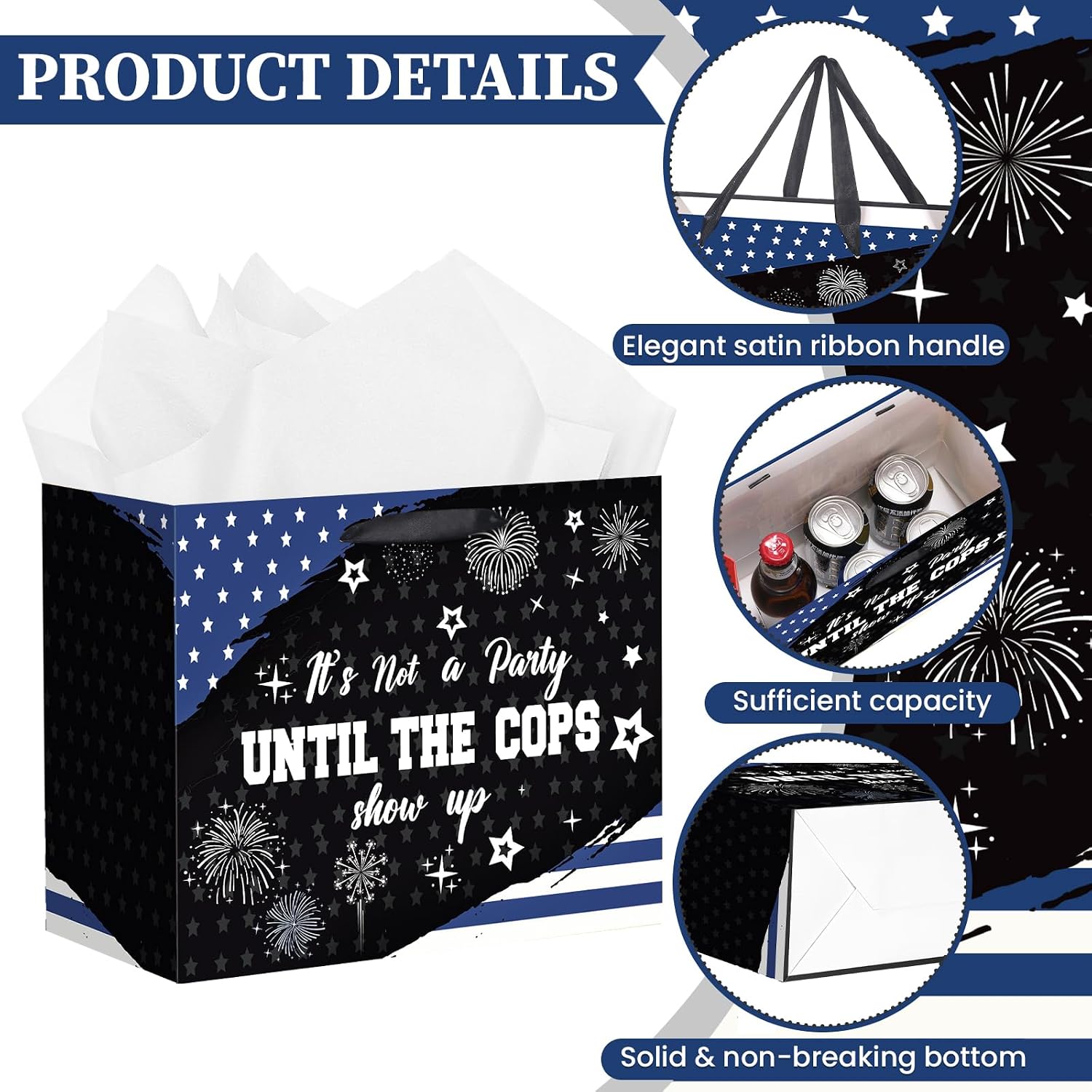 LUUFILx Police Gift Bag for Men Women It's Not a Party Until The Cops Show Up with Wrapping Paper Card Black White and Blue American Flag Police Theme Decor for Birthday Grad Retirement Party(Blue)