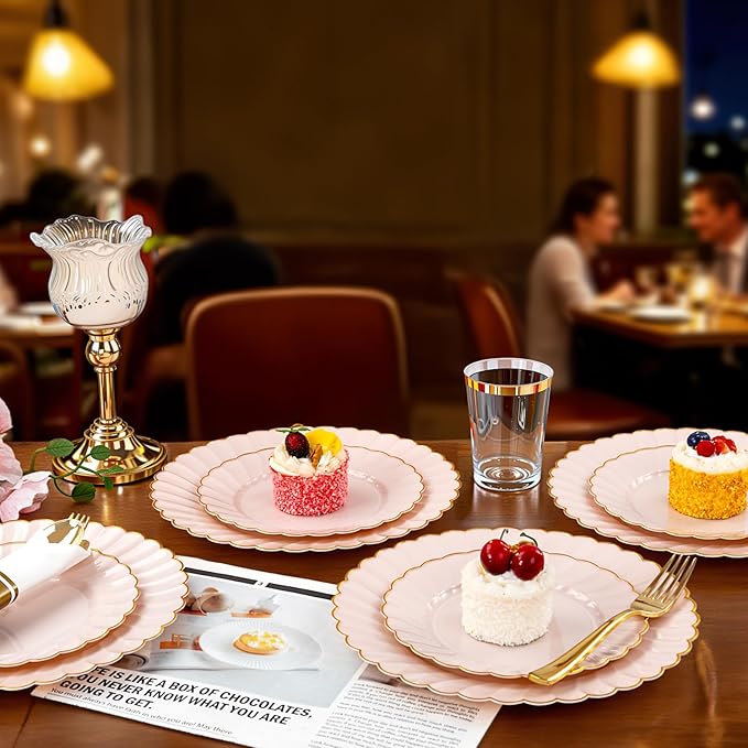 YOUBET 350PCS Pink Scalloped Plastic Plates - Pink and Gold Disposable Dinnerware Set Include 100 Plates, 150 Gold Silverware, 50 Cups, 50 Napkins for Wedding & Party