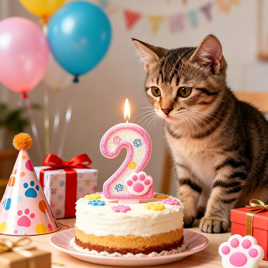 Dog and Cat Paw Number Candles for Cake Decoration, Pink Kitten Paw Number 2 Candle, Dog Themed Birthday Cake Topper for Party Decorations