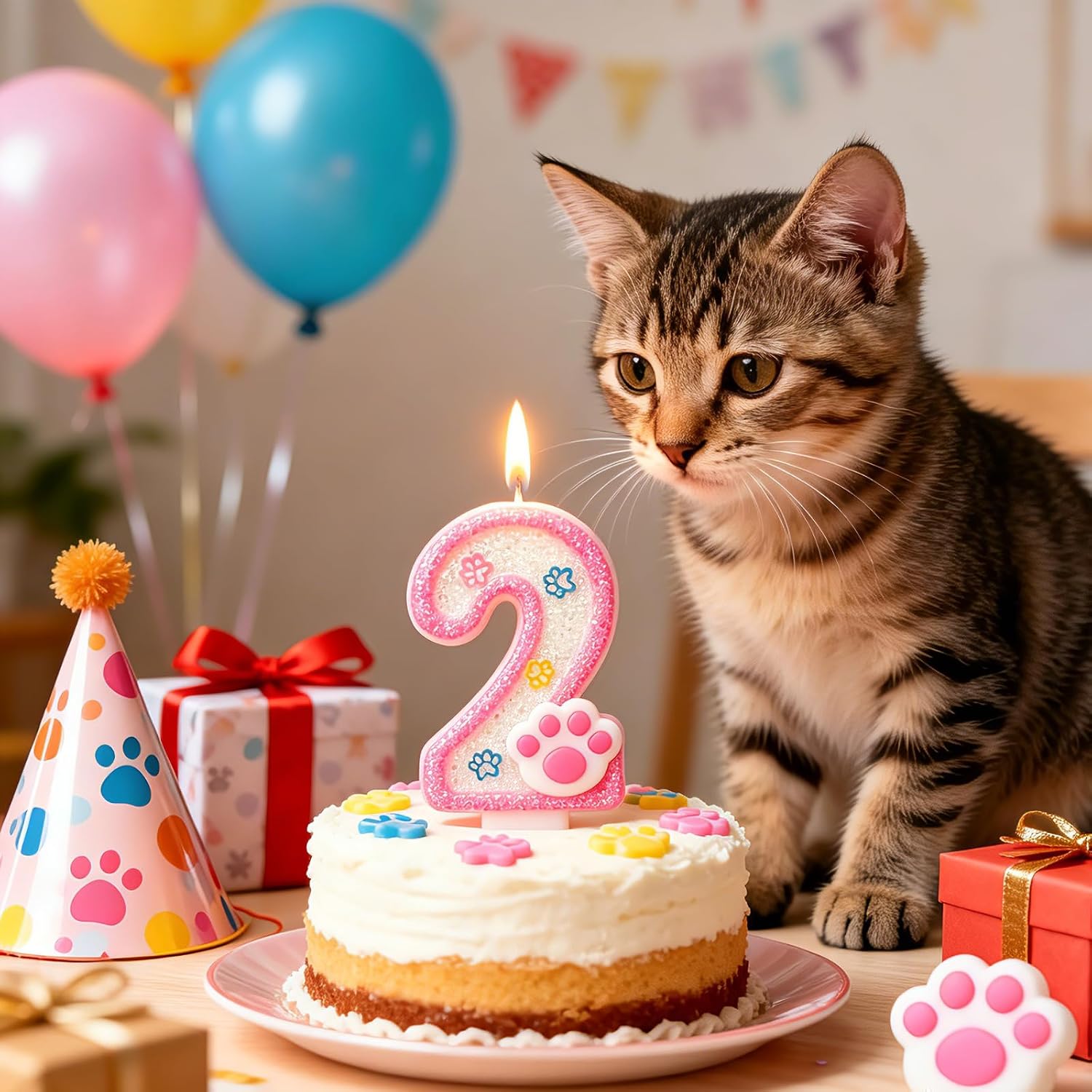 Dog and Cat Paw Number Candles for Cake Decoration, Pink Kitten Paw Number 2 Candle, Dog Themed Birthday Cake Topper for Party Decorations