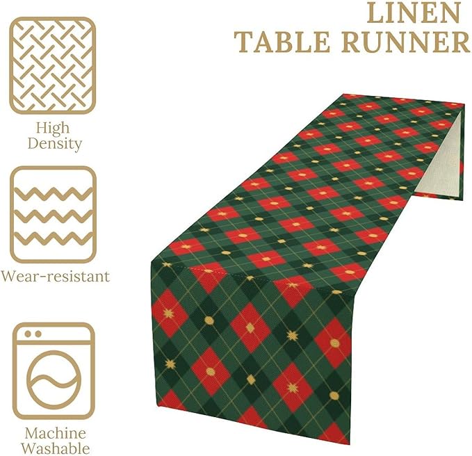 Christmas Table Runner,Green Red Xmas Plaid Table Cloth Kitchen Dining Table Decoration for Home Party Decor 13x120 Inch