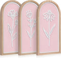 Pink 3D Wooden Floral Wall Art Set of 3, Arched Boho Girls Room Wall Decor | Pink arched panels with raised white floral cutouts in wood frames; ready to hang in bedrooms, teen rooms, dorms or hallways