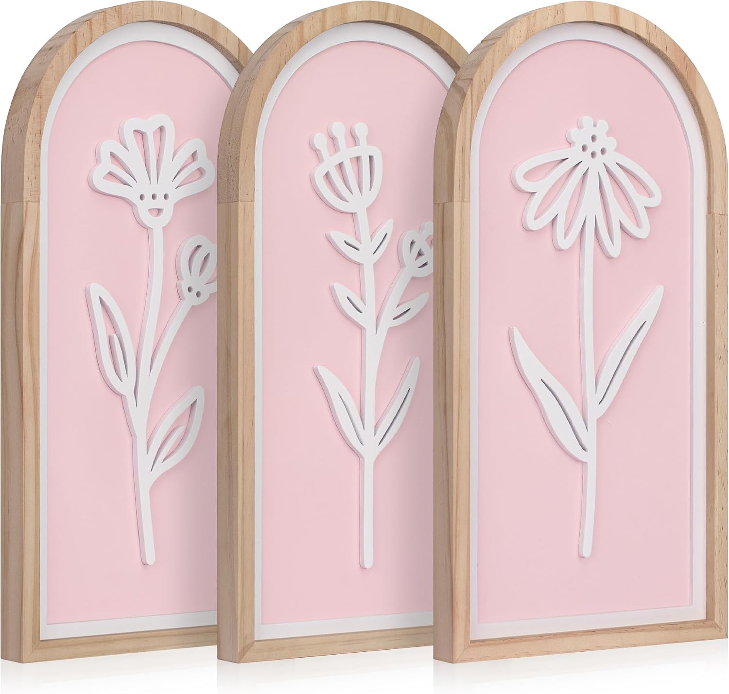 Pink 3D Wooden Floral Wall Art Set of 3, Arched Boho Girls Room Wall Decor | Pink arched panels with raised white floral cutouts in wood frames; ready to hang in bedrooms, teen rooms, dorms or hallways
