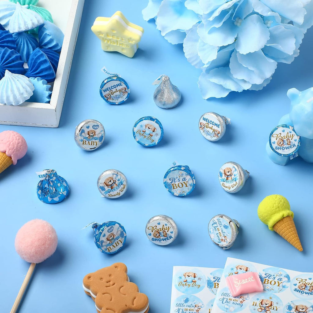 Clabby 504 Pieces Boy Girl Baby Shower Favors Stickers Mini Kisses Candy Stickers Chocolate Drop Labels Wrappers Little Cutie Baby Shower Decoration for Sprinkle Birthday Party(Blue Bear)