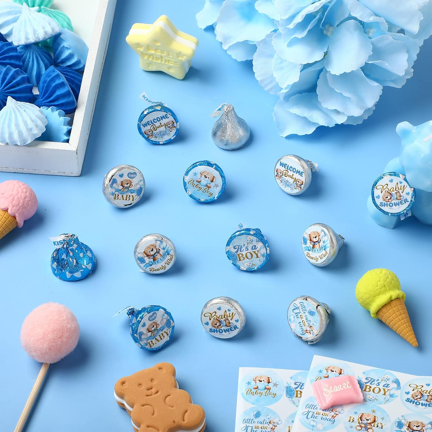 Clabby 504 Pieces Boy Girl Baby Shower Favors Stickers Mini Kisses Candy Stickers Chocolate Drop Labels Wrappers Little Cutie Baby Shower Decoration for Sprinkle Birthday Party(Blue Bear)