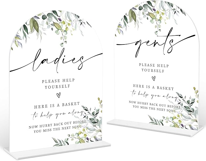 2 Pcs Greenery Wedding Bathroom Ladies & Gents Signs, 6 x 8 Inch White Arch Acrylic Wedding Sign with Holder, Wedding Sign for Ceremony and Reception, Wedding Decoration, Wedding Supplies - LY32