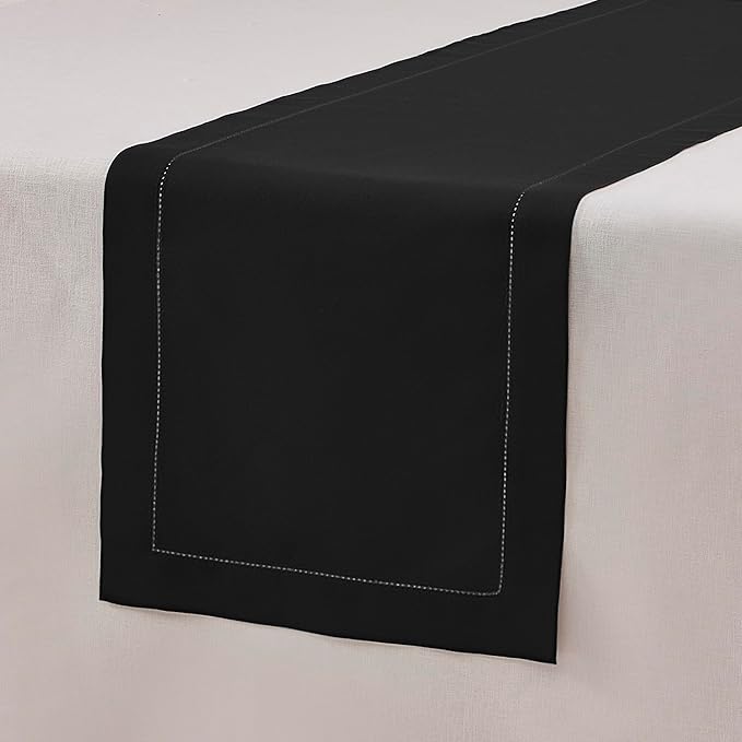Black Table Runner 90 Inch–Cotton Linen Hemstitch Farmhouse Table Runner 14x90 – Washable Fabric for Dining, Fall, Halloween, Thanksgiving, Spring, Summer, Wedding, Everyday Décor – Serena